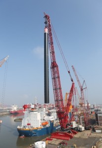 German shipbuilders Lloyd are completing Van Oord's Aeolus using Mammoet's largest crawler crane to install the vessel's legs.